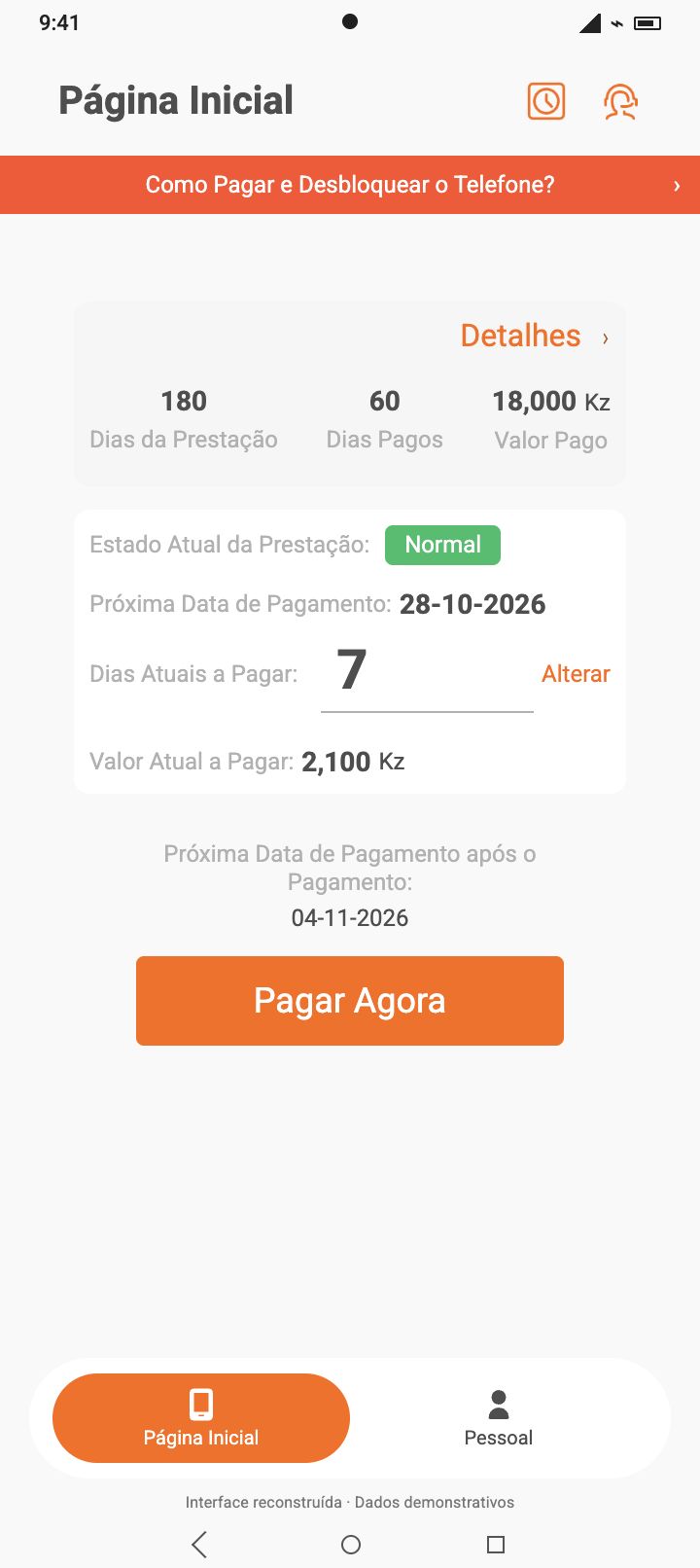 Ecrã ilustrativo da Paga Depois com resumo das prestações e dados de demonstração