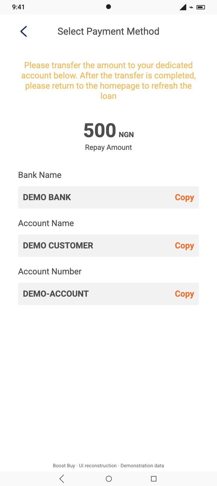 Illustrative Boost Buy bank transfer details with demonstration data
