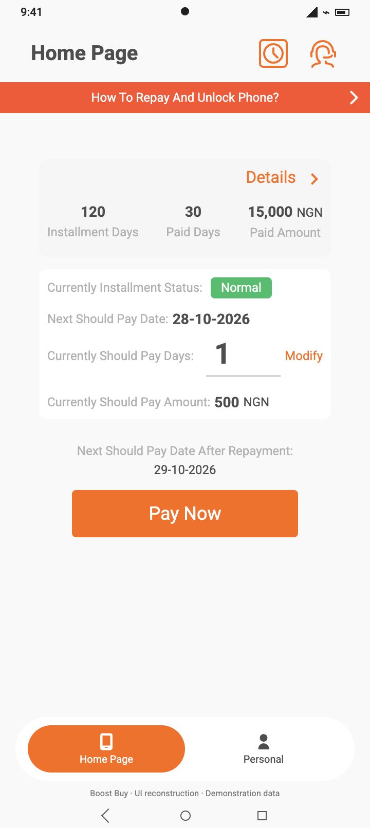 Illustrative Boost Buy installment overview with demonstration data